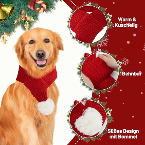 ROSAUI Hundeschal Weihnachten für große Hunde, Hundekostüm Weihnachten 73x9cm Extra Lang & Breit Strickschal mit Schnalle & Bommel – Warmer Winter-Schal für Labrador, Golden Retriever & Husky