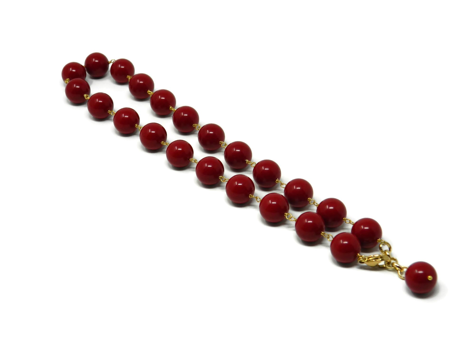 Collana girocollo donna con palline lisce 14 mm in pasta di corallo rosso scuro – Catenella e chiusura dorata – Lunghezza 52 cm – Gioielli artigianali Made in Italy – Nichel free – DodiGioielli