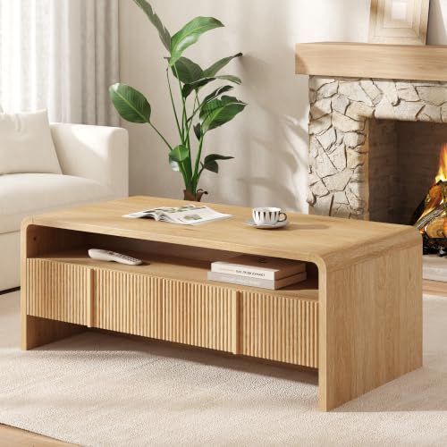 Image of AMERLIFE Fluted Coffee Table with Storage & Rounded Edges