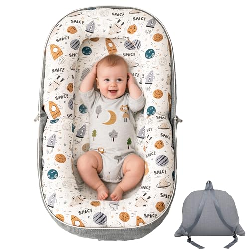 Image of GloTika Baby Lounger, Foldable Infant Nest with Soft Memory Foam Mat, Cover with Adorable Pattern, Converts to Backpack for Easy Travel, 0-12 Months, Rocket