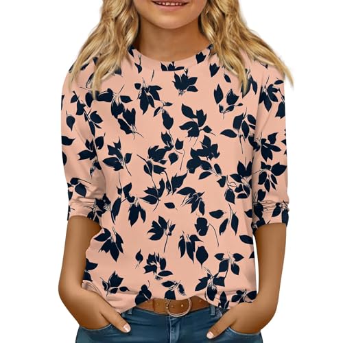 Tops for Teen Girls 3/4 Sleeve Crew Neck Shirts Fall Winter Pullover Tops Floral Print Blouses Clothes 5-16 Years