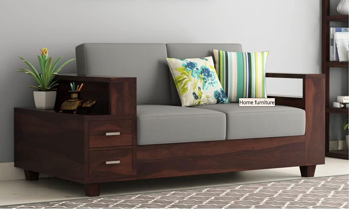 MORVINANDAN FURNITURE Solid Sheesham Wood 2 Seater Sofa for Living Room | Wooden Two Seater Sofa with Attached End Table with 2 Drawers Storage for Office | Two Seater Sofa Couch for Lounge | Walnut