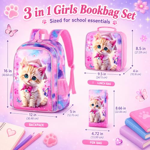 Image of AGSDON 3PCS Backpacks for Girls, 16 inch Elementary Kids Cute Cat Backpack Preschool School Bookbags and Lunch Box