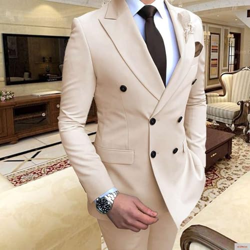 Men's 2 Piece Suit Slim Fit Solid Double Breasted Party Wedding Tuxedo Suits Peak Lapel Blazer Jacket Pants Set2