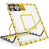 Baseball Rebounder Net,4x4.5FT Multi-Sport Pitch Back Rebounder Steel Frame with 4 Adjustable Angles, 40pcs Bungees Soccer, Volleyball&Lacrosse Trainer for Solo Fielding (Yellow)
