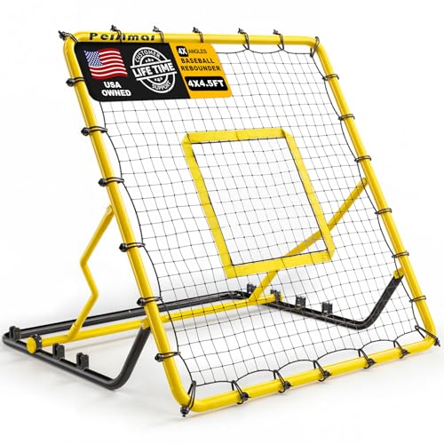 Baseball Rebounder Net,4x4.5FT Multi-Sport Pitch Back Rebounder Steel Frame with 4 Adjustable Angles, 40pcs Bungees Soccer, Volleyball&Lacrosse Trainer for Solo Fielding (Yellow)
