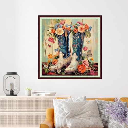 Image of Dooxvey Cross Stitch Kits for Adults Beginners,Full Range of Cross-Stitch Stamped Kits Needlepoint Kits for Beginners Embroidery Kits 11CT Cross Stitch Patterns-Flower Boots 18x18 inch
