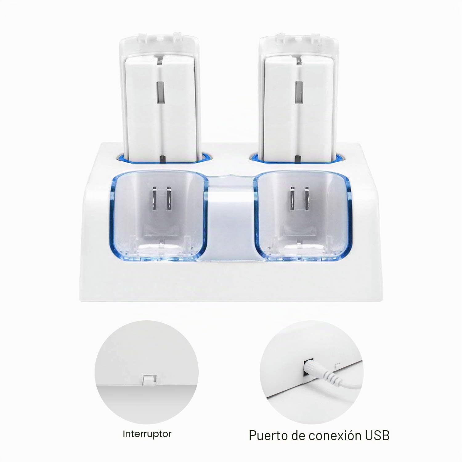 TechKen Wii Controller Charger, Estación de Carga para 2 Mandos de Wii y 2 Akkus Wii Wiimote Charging Station con 4 Baterías de 2800MAH (White)