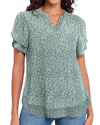 LOUSGUTA Chiffon Blouses for Women Short Sleeve Business Casual Work Chiffon Tops Ruffle Puff Petal Sleeve Shirts V Neck