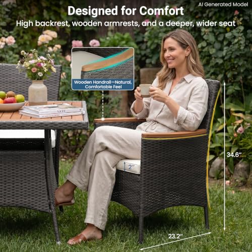 Image of Wisteria Lane 5-Pieces Patio Table and Chairs Set, Rattan Patio Table Set with Acacia Wood Tabletop, Patio Outdoor Dining Set for 4, Patio Furniture Set with Cushions for Deck Garden Backyard, Grey