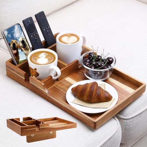 Nnewvante Couch Tray Insert with Cup Holder 2-in-1 Insert & Flat Sofa Organizer Acacia Wood with 2 Cup Holders Fits Middle Couch or Ottomans for Snacks Drinks Remotes 15.35x9.84-inch
