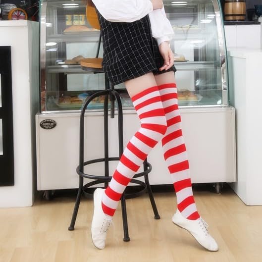 Women's High-Knee Striped Socks Red-White Halloween Christmas Tube Socks Stockings Costume Accessories - Image 3