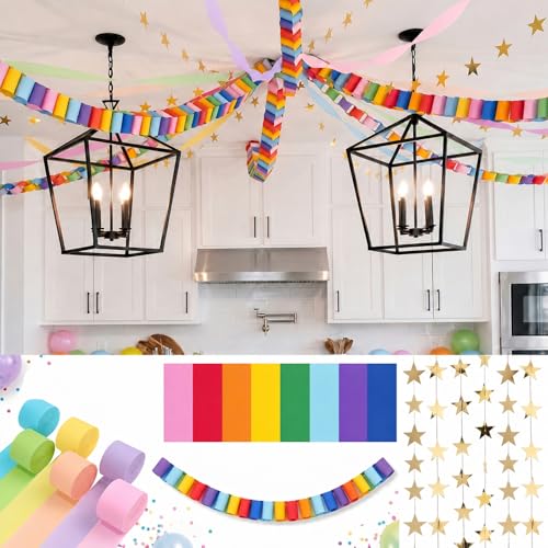 VROTXCZ 612 Pcs Paper Chain Garland Kit 600 Sheets Rainbow Paper Chain Strips with 6 Rolls Pastel Crepe Paper Streamers and 4 Mirror Star Garlands for Birthday Wedding Party Decorations