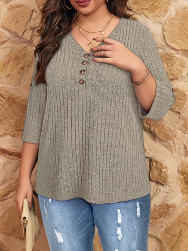 Image of Koscacy Women Plus Size V Neck 3 /4 Roll Sleeve Sweater Casual Knit Tops Solid Color Blouses
