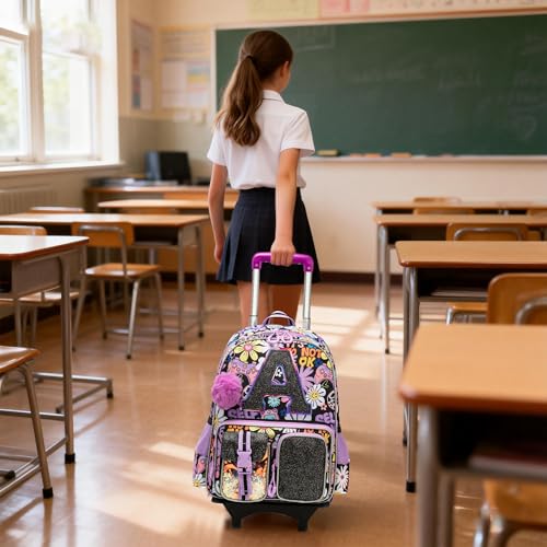 Image of Meetbelify 3 in 1 Backpack with Wheels for Girls Rolling Letter Backpack Cute Carry on Backpack Kids Luggage with Lunch Box Pencil Case for Elementary Student