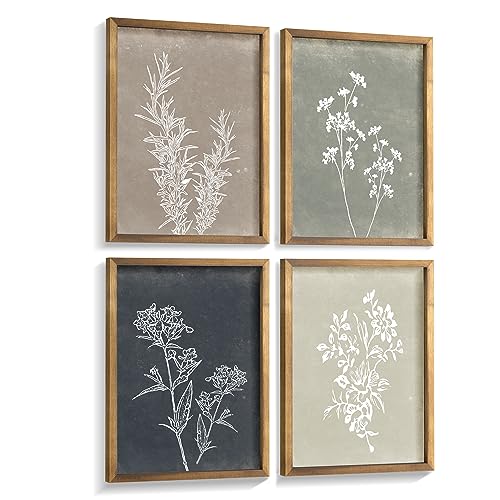 Framed Boho Wall Art Set of 4 for Wooded Minimalist Botanical Print Wall Art for Rustic Vintage Farmhouse Home Kitchen Wall Decor (Brown, 8″x10″)