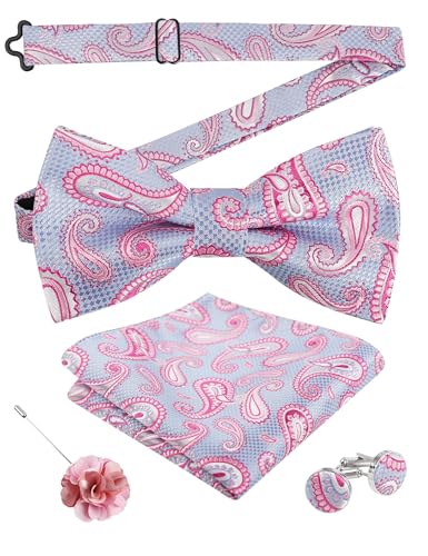 Image of Alizeal Mens 4pcs Vintage Paisley Bow Tie Set | Pre-tied Pocket Square Cufflinks Boutonniere for Wedding Everyday Use