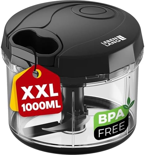 LEBENLANG Manual Food Chopper Incl. Lid & Whisk - 1L Volume & BPA...