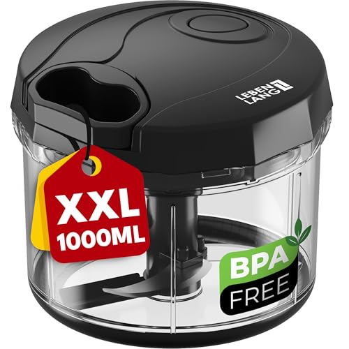 LEBENLANG Manual Food Chopper Incl. Lid & Whisk - 1L Volume & BPA-Free | for Vegetable Garlic &...