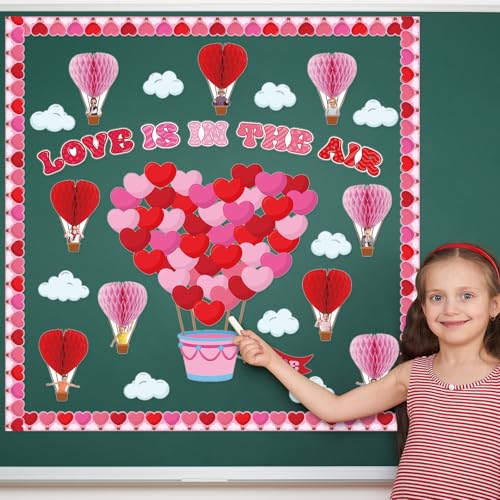 112Pcs Valentine's Day Classroom Bulletin Board Decorations - Love is in The Air Red Pink Love Heart Clouds Cutouts Hot Air Balloons Honeycombs Trims Sets for Classroom School Weeding Party Supplies - Thumbnail 6