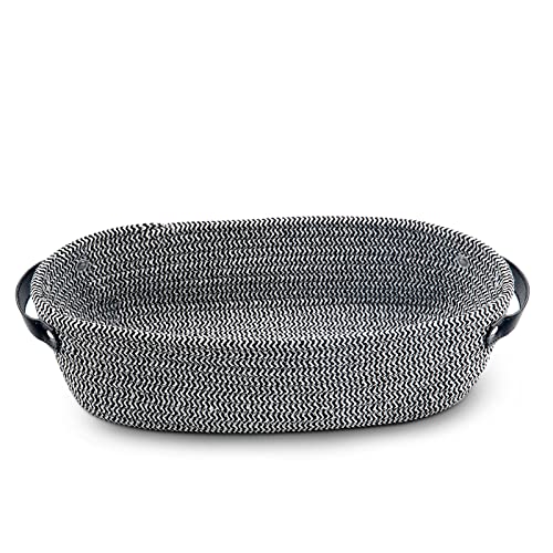 TENQUAN 1PC Cesta de Almacenamiento de Cuerda de Algodón, 34 × 17 × 10 cm Cesta de Estante Tejida con asa de Cuero Decorar el Hogar para Estantes de Armario Dormitorio Baño (Blanco Negro) Cover