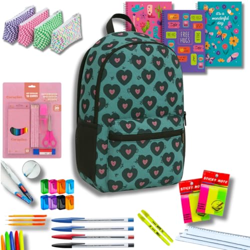 MZcell Kit Material Escolar Volta às Aulas 42 Itens com Mochila, Estojo, Caderno, Canetas, Lápis de Cor, Corretivo, Régua, Apontador e Canetinha, Feminino