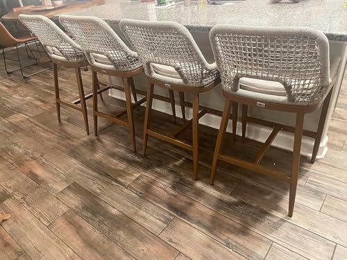 Butacos de altura para barra PURPLE LEAF, set de 4 piezas, diseño moderno en tonos teka profundo con tejido a cuadros, estructura de aluminio anticorrosivo y asiento de tela olefínica extraíble y rápida de secar miniatura 2