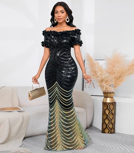 Image of dasmzper Women Sexy Sequin Off Shoulder Ruffle Short Sleeve Bodycon Mermaid Party Formal Evening Maxi Dress