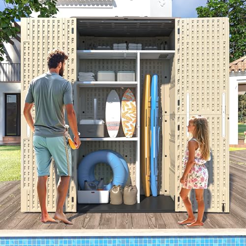 IWDOO 60 Cu.Ft Vertical Outdoor Storage Shed, All-Weather Resin Storage Cabinet Waterproof with Lockable Floor, Tall Backyard Shed for Patio Furniture, Garage, Garden, Pool Accessories, Porch (Khaki)
