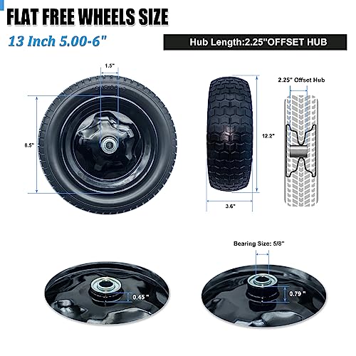 Image of 2-Pack Small 13x5.00-6 Flat-Free Tire with Rim,2.25 inchOffset Hub with 5 /8 inch Ball Bushing,Diameter 12.2 inch,Width 3.6 inch w /Grease Fitting,300lbs Capacity,13x5-6 No-Flat Solid Wheel,for Lawn mower,Garden Cart