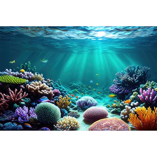 Image of Coral Reef Aquarium Background Deep Blue Ocean Underwater Marine with Sunbeams Terrarium Background Colorful Exotic Corals Tropical Fish Tank Backdrop Poster Wallpaper Decorations Vinyl 30x18in