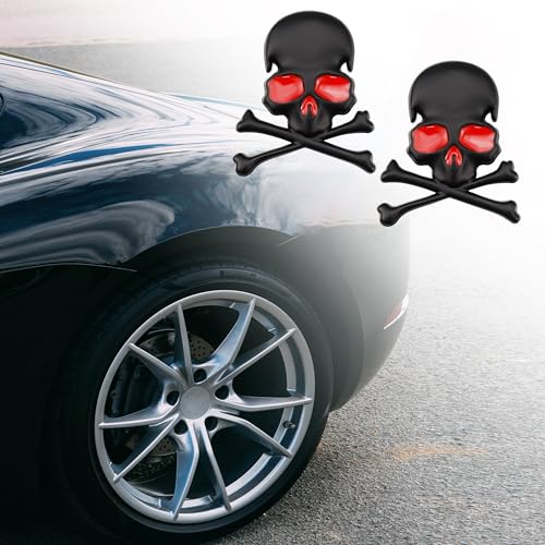 Image of 3D Skeleton Skull Emblem Car Side Rear Front Hood Trunk Door Fender Bumper Tail Box Car Motorcycle Personality Decoration Metal Badge Decal Sticker (1 PCS, Black Red), CR-Sk