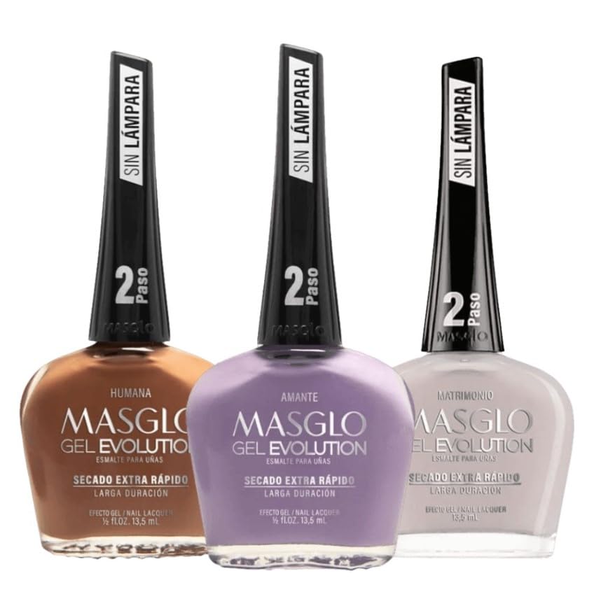 MASGLO GEL EVOLUTION Nail Polish Gel Effect, No UV/Led Lamp Required, Duration up to 12 day, 3 PCs Colors - Effecto Gel sin lampara UV/Led, duracion hasta 12 dias (HUMANA, AMANTE, MATRIMONIO)