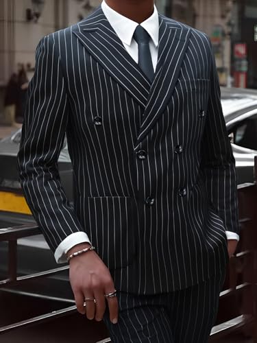 Mens Double Breasted Pinstripe Suit- 2 Piece Slim Fit Stripe Tuxedo,Business Wedding Dinner Party Jacket Pants Suit Set3