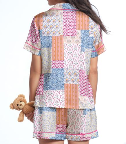 Image of HUNTFAMI Women Silky 2 Pcs Satin Pajama Set Long Sleeve Button Down | Satin pajama set; Short-sleeves in a coordinated 2-piece; funny printed; colourful style