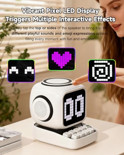 Image of Retro Robot 5-in-1 Bluetooth Speaker: 15W Wireless Charger, Pixel LED Screen, 10W Stereo Sound & 15 White Noise, Alarm Clock, Cute Portable Wireless Speaker for Bedroom Desk Office, Birthday Gifts