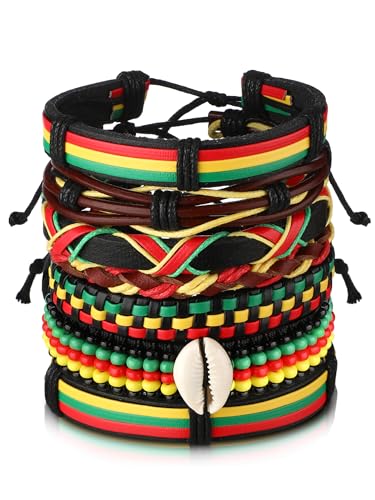 Sureio 7 Pcs African Beaded Bracelet Adjustable Jamaica Jewelry Multi Layer Ethnic Tribal Braided Bracelet Men Women - Main Image