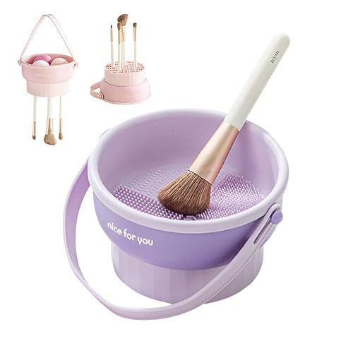 Juego de limpieza de brochas de maquillaje 3 en 1 con tazón, soporte y alfombrilla (morado)