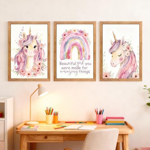 Cute Pink Unicorn Girl Quote Framed Wall Art Set of 3 Lovely Pastel Purple Rainbow Saying Sign for Baby Kid Toddlers Cozy Watercolor Wooden Preschool Inspirational Flower Nursery Wall Decor Natural