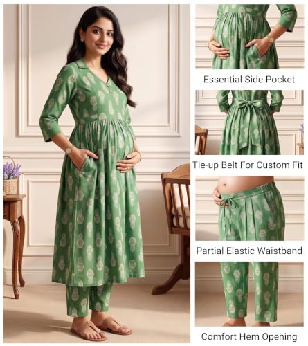 Image of DUMMY SHAPE Maternity Dresses for Women Cotton | Floral Kurta Pant Dupatta Set with Nursing Zippers, Side Pocket | Pre & Post Pregnancy | Feeding Kurti Suit | Baby Shower | Gifts for Pregnant Woman