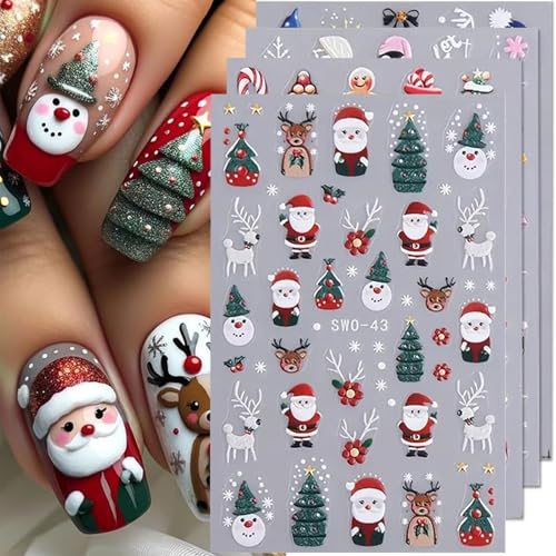 Muorruo 4 Stück Weihnachts-Nagelaufkleber für Nagelkunst Weihnachtsmann-Baum Weihnachts-Nagelkunst-Aufkleber 5D-geprägte Schneeflocke Lebkuchenmann Kuchen Weihnachts-Nagelaufkleber