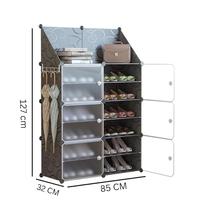 Image of Plastic Shoe Rack for Home | 6 Door 12 Shelf DIY Shoe Rack with Door for Home Storage Plastic Box Organizer, Metal Door Frame, Chappal Slipper Sandals Stand (Blackwhite, 6 Door)