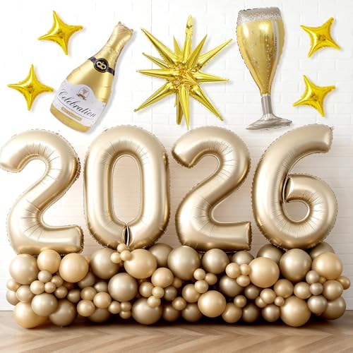 Light Gold 2026 Balloons, 40 Inch Number Champagne Gold Foil Balloons, Gold Star Balloon Champagne Bottle Glass Balloon for Happy New Years Eve Party Supplies 2026 Class of 2026 Graduation Decorations — view 6