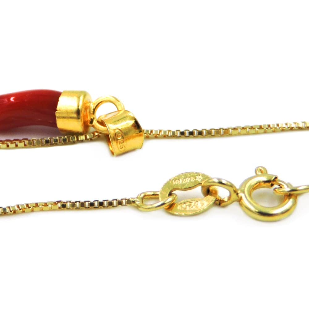 Collana con Cornetto Portafortuna in Corallo Rosso del Mediterraneo e Argento 925 Placcato Oro