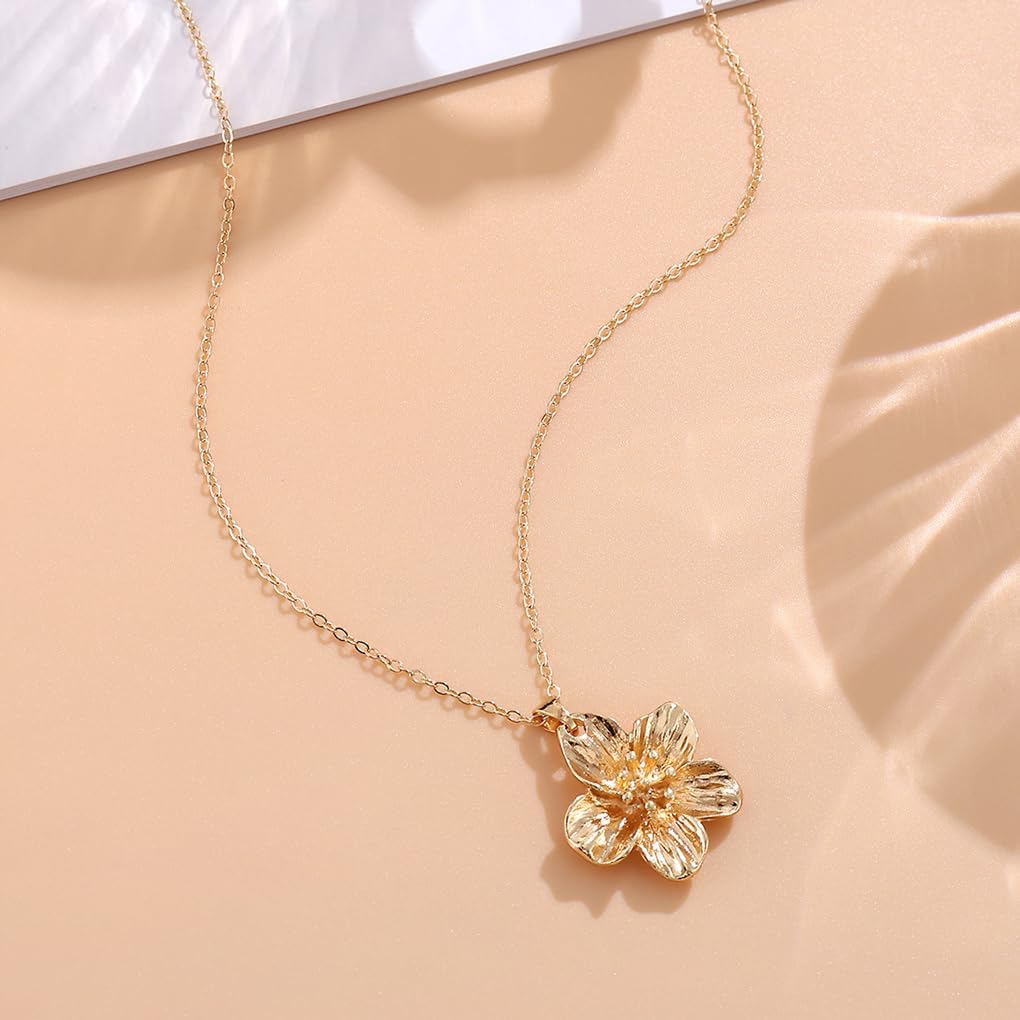 Chunky Gold Flower Necklace for Women Big Floral Statement Necklace Vintage Geometric Petal Pendant Necklaces Aesthetic Flower Jewelry Accessories - Image 6