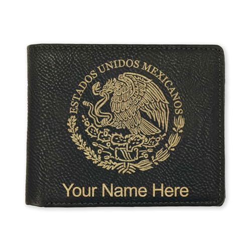 LaserGram Faux Leather Bi-Fold Wallet, Flag of Mexico, Personalized Engraving Included (Black with Gold)