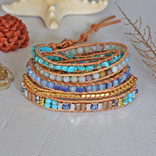 Mgr My Gems Rock! 35" Hand Crafted Turquoise And Amazonite Mix Beaded On Genuine Leather Boho Style Stackable Multi Strand Multi-Layer Super Wrap Bracelet Or Leather Wrap Bracelet, Up To 5 Wraps. #TOP5