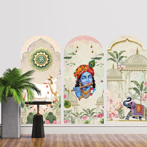 Image of Ridit Creation Lord Krishna Spiritual Wall Poster Set of 3 with Om Symbol, Cow and Elephant Temple Arch Design | Religious Wall Art Poster for Living Room, Pooja Room, Mandir Decoration | Modern Indian Decorative Wall Posters