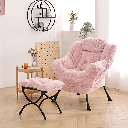Image of LITA Lazy Chair with Ottoman, Modern Accent Leisure Upholstered Sofa, Contemporary Lounge Reading Chair with Armrests and a Side Pocket for Living Room, Bedroom & Small Spaces, Plush Pink