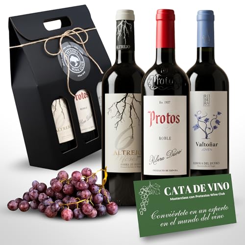 Estuche 3 Vino Tinto Ribera Del Duero Y Cata De Vino. Estuche Vino Para Regalar + Cata De Vino Protos, Vino Altrejo, Vino Valtoñar, | Regalo Original Pack Vino Tinto Ribera Del Duero En Caja Regalo